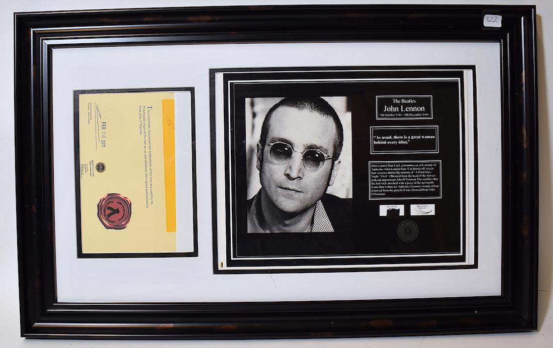 John Lennon Hair Lock and Shirt Piece.: John Lennon hair lock ......authentic......cut during off screen time during the making of "A Hard Day's Night" 1964. Obtained from the head of the movies make-up department, John O'Gorman. This certi