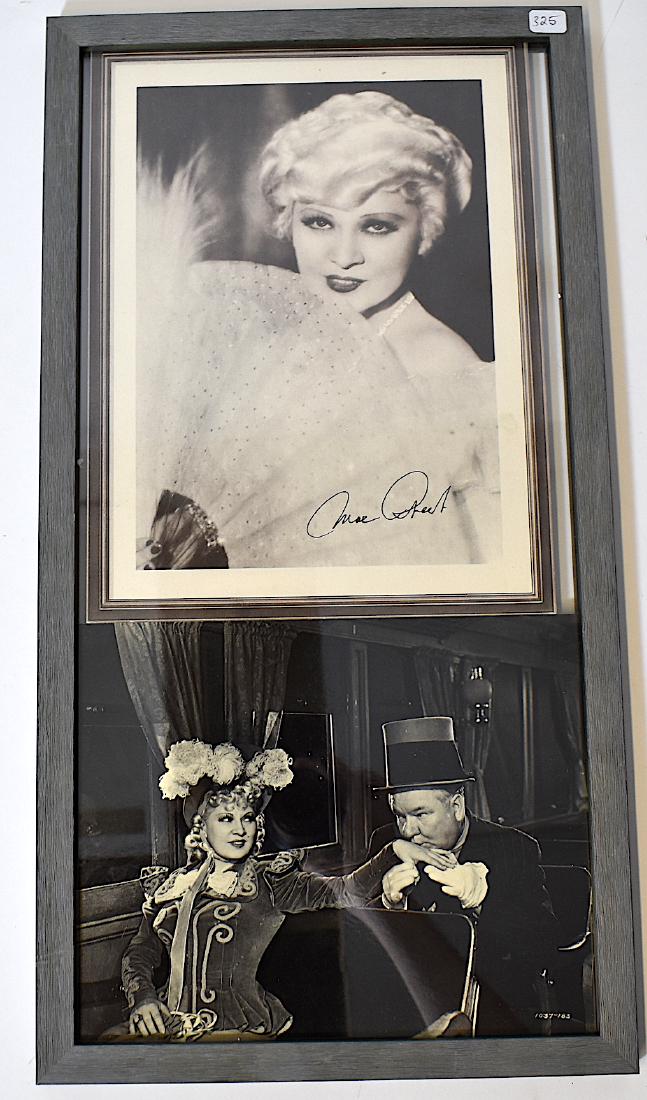 Mae West Assemblage. Autographed Photo: Signed in ink Mae West and framed with a second photo of Mae West with W. C. Fields. OVERALL SIZE 21" h. X 11"W