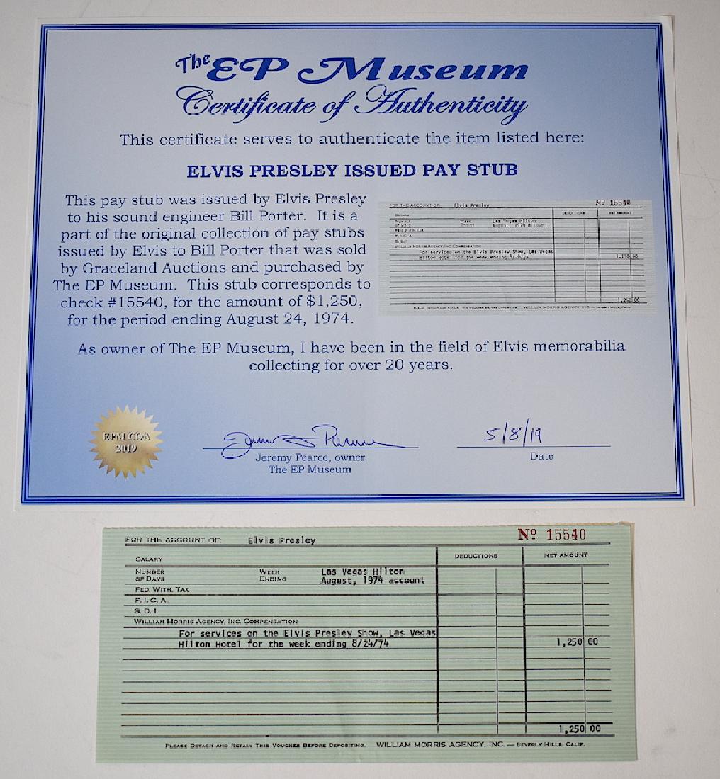 Elvis Presley Wm. Morris Agency Salary Pay Out: For the Account of Elvis Presley, the check stub from the William Morris Agency for $1250 No. 15540 for Week ending 8/24/74 for services on The Elvis Presley Show , Las Vegas Hilton Hotel. With a Lett