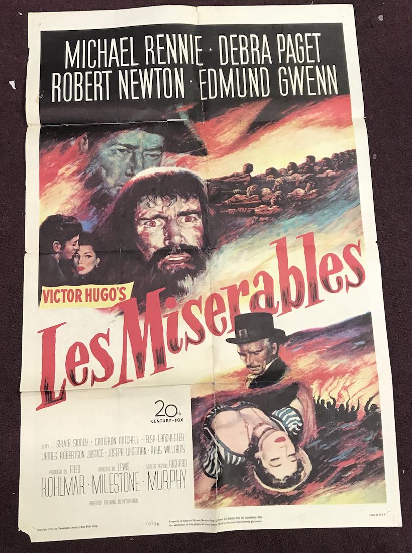 Les Miserables One Sheet Movie Poster 1952: Date stamp at the back. 1952 29th C. Fox. Folded good conditon 41" x 27"