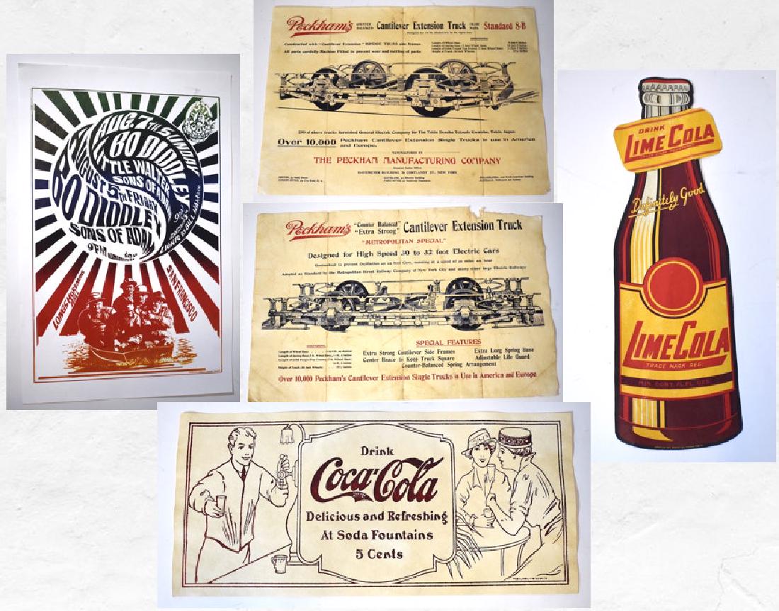 Collectible Paper. Advertising. Posters (5): Two advertisements for Peckhams Counter Balanced Extra Strong Cantilever Extension Truck.; a poster for an Aug. 7th Bo Didley concert in San Francisco; a Drink Lime Cola die cut by American Art Works,