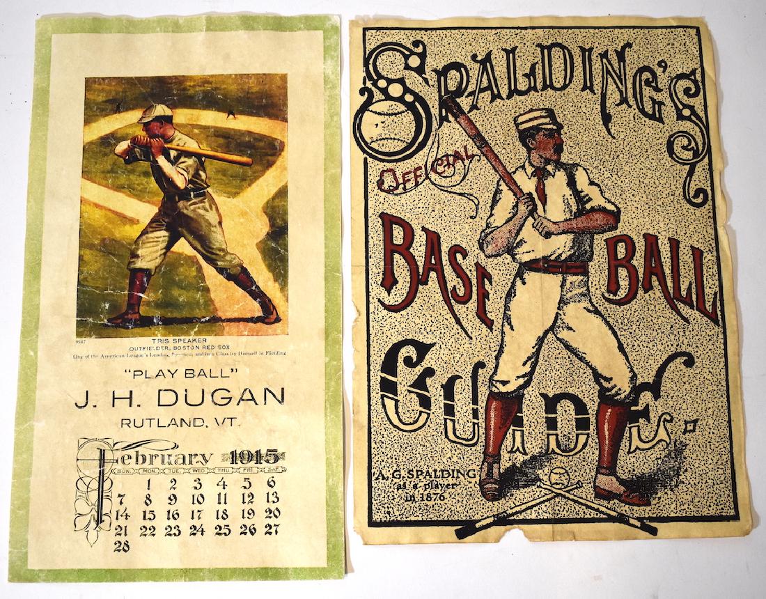 Baseball Ephemera Collectibles (2): Included in the lot is a J.H. Dugan Rutland, Vt. Play Ball calendar wtih Tris Speaker (Outfielder, Boston Red Sox) (worn); an advertisement for Spalding's Baseball Guide, 19th C.;(worn). Two items in 