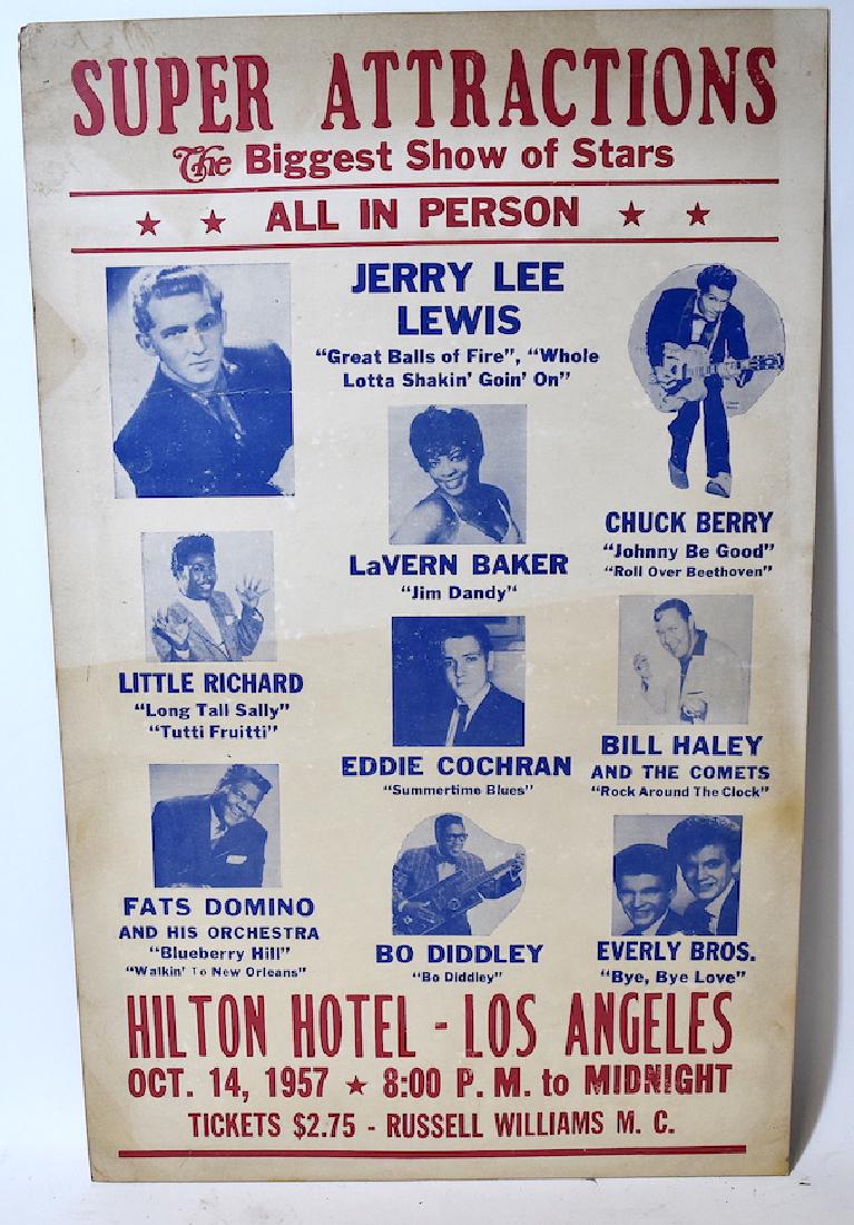 Hilton Hotel Jerry Lee Lewis Chuck Berry Etc. Poster.: Hilton Hotel. Jerry Lee Lewis Chuck Berry Little Richard Bill Haley and the Comets; Everly Bros. Bo Diddley, Fats Domino, Eddie Cochran and LaVern Baker Concert Poster. Los Angeles. Oct. 14, 1957 20 x