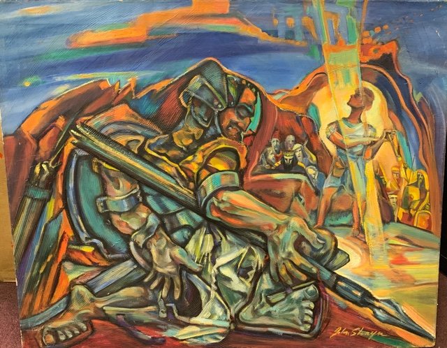 John Shayn(20thC. Ukraine/Amer.); Oil -David and: Oil on canvas. David and Goliath. Signed l.r., signed again on reverse and titled on stretcher; 27in. X 33in.
