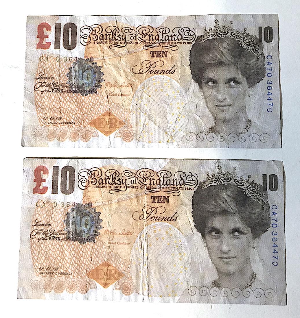 Banksy Di-faced Tenner (2): Banksy's 10 pound note became the first work of the artist to enter The British Museum. In 2004, the notorious British street artist printed a million pounds of these notes with Princess Diana\'s imag