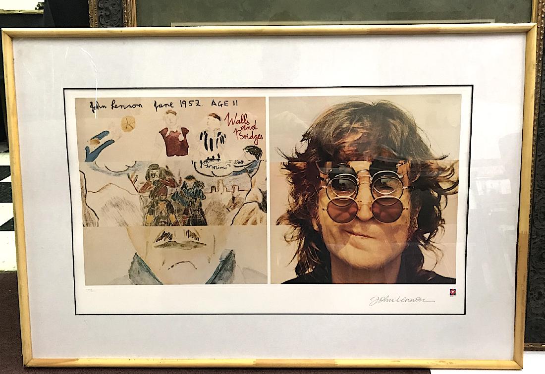Artwork. "Walls & Bridges". John Lennon. Sgd,: Artwork. "Walls and Bridges" featuring John Lennon. Signed in the plate with Certificate of Authenticity. Numbered 2318 of 2500. Framed. Collectible for Beatles and John Lennon fans. OVERALL SIZE 27"H