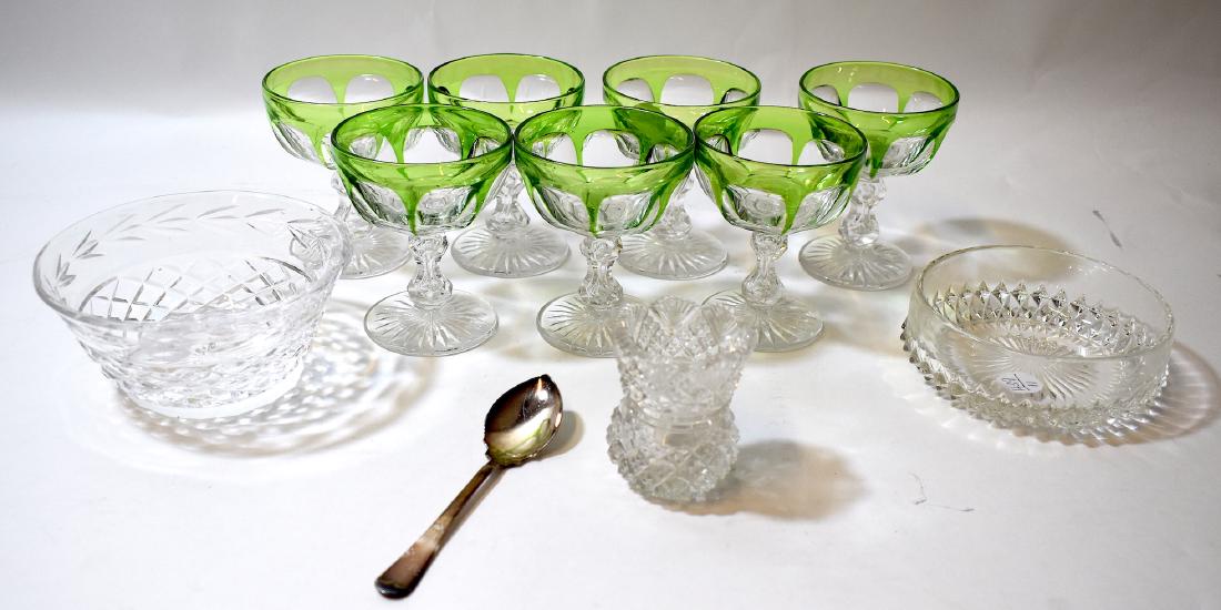 Collectors Lot of Glass (11): Seven green to clear cordials; a Waterford like small bowl; a serving bowl with EPNS spoon ; an American pressed glass toothpick holder. Eleven items in the lot. 3 1/2 inches H. ; 5 inches wide; 4 inc