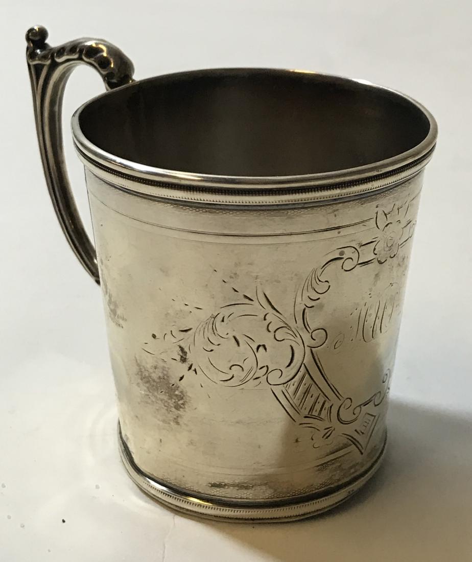 Antique Coin Silver Mug: With brite cut engravings. Marked Coin 3 inches high by 2 3/4 inches wide.