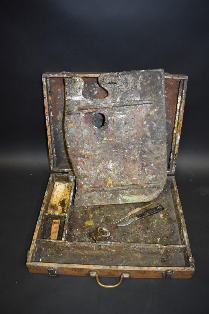 Charles Rosen; Artists Painter's Box and Palette: Original painter's box and palette of Charles Rosen. Includes palette knives and mixing cup. Provenance: direct descent from the Charles Rosen estate; Collection - Katherine Worthing-Taylor; 4in.H. x