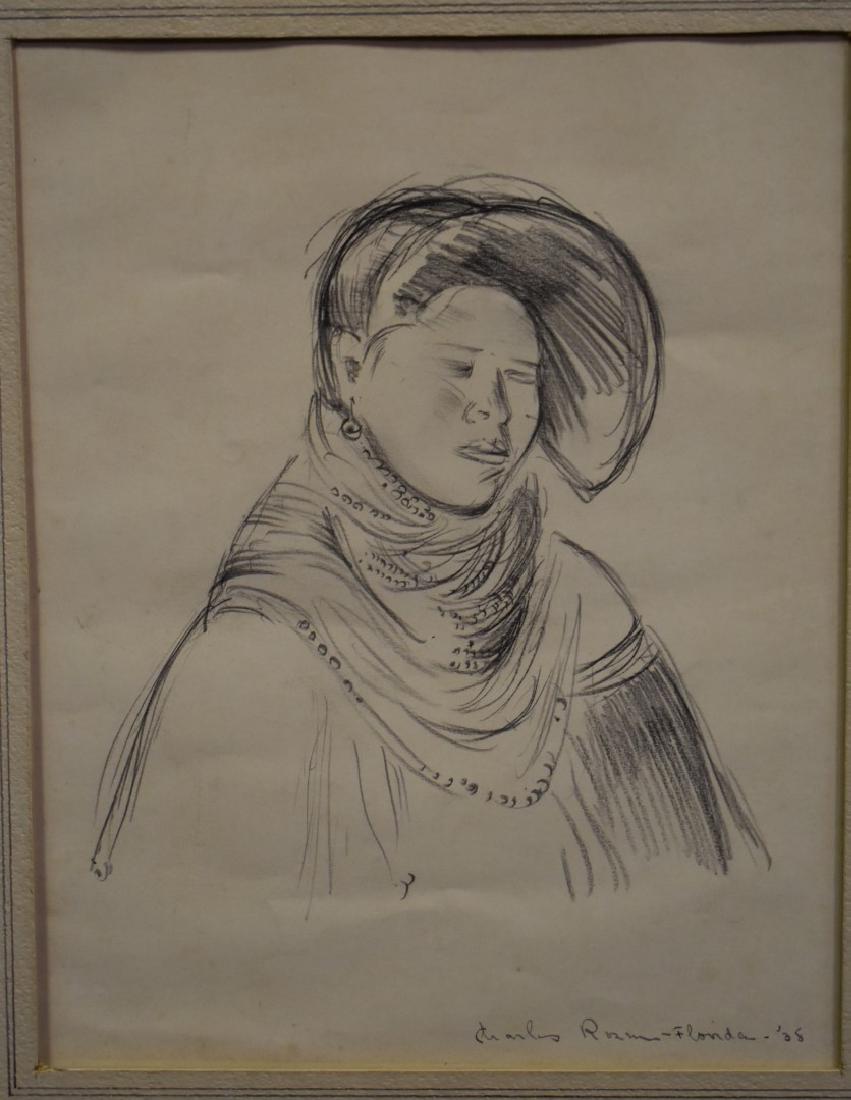 Charles Rosen; 20thC. Pencil Drawing Signed: Pencil on paper. Seminole Indian Girl. Signed l.r., inscribed Florida and dated '38. Inscribed with title on reverse; 9.5in. X 7.5in.(image size) Provenance: direct descent from the Charles Rosen esta