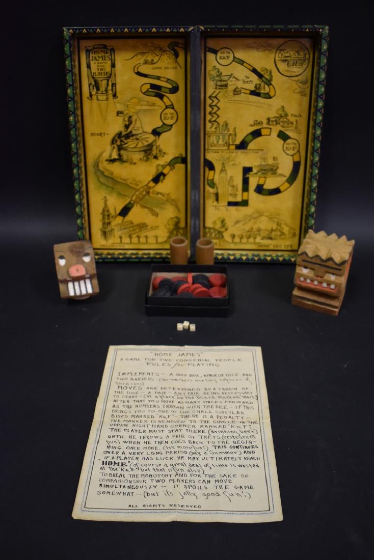 Charles Rosen; Lot of Handmade Ephemera: Including: Two(2) carved and painted wood puppet heads; Home James, A Game for Two Players. Hand painted and inscribed by the artist on appropriated game board. Includes three(3) dice and two(2) dice