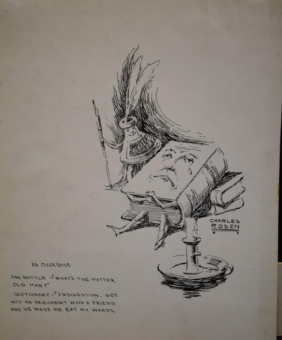 Charles Rosen; 20thC. Ink Illustration Signed: Ink on paper. Illustration - An Overdose. Signed l.r. and inscribed; 15.25in. X 12.5in.(paper size) Provenance: direct descent from the Charles Rosen estate