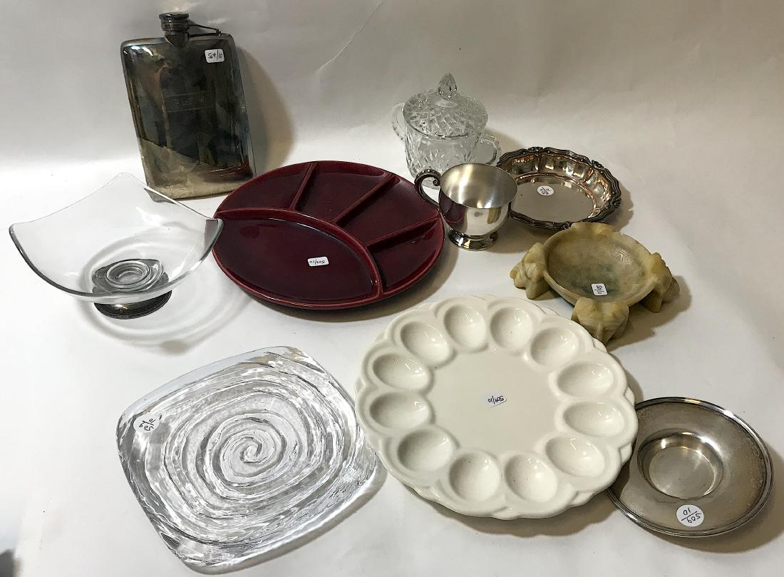 Diverse Dealer Lot. Egyptian Agate to Silver.: Included is an Egyptian agate ashtray with pharaoh's heads; a pressed glass sugar with lid; a large silverplated flask; a MCM glass serving bowl with silverplated footed bade; a heavy glass serving di