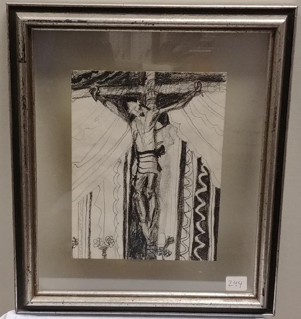 Christos Pen & Ink Drawing, G. Mendoza: Pen and ink in glass. Santuario de Chimayo, Las Cruces, New Mexico. Artists pencil notes at the reverse. 6"x 8"