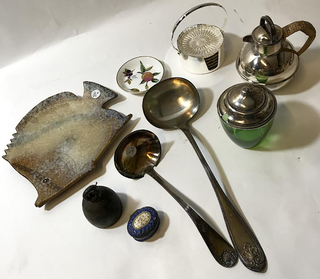 Diverse Dealer's Lot Antique Silverplate & other: Included in the lot are two large silverplated ladles; a green glass jar with silverplated lid (finial missing)' an EPNS English carafe; Saks Fifth Avenue glass coasters in a handled holder , wilverpl