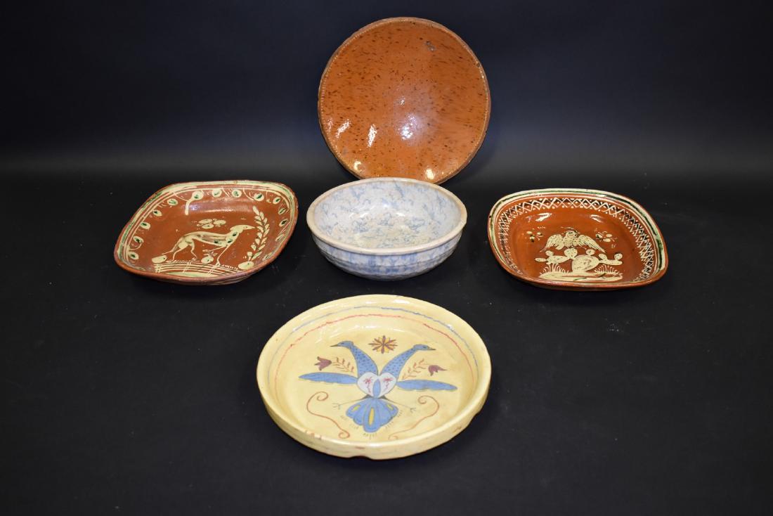 Five(5) Miscellaneous Pottery Items: Including: Redware dish, Spatterware bowl, two(2) Mexican pottery trays, Yelloware pottery dish with painted decoration; 8in. - 11in.W.