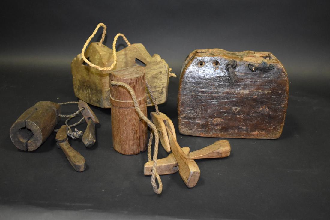 Burmese Antique Carved Wood Wind Chime: Carved wood and rope construction. Unassembled