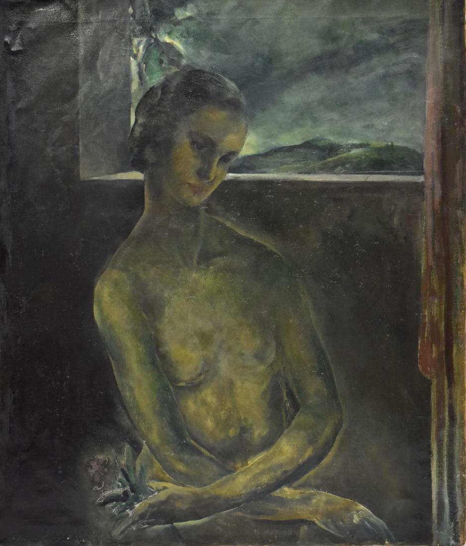 William S. Schwartz(attrib.to); 20thC. American Oil -: Oil on canvas. Seated Nude by a Window. Attributed to William Samuel Schwartz; 40in. X 34in.