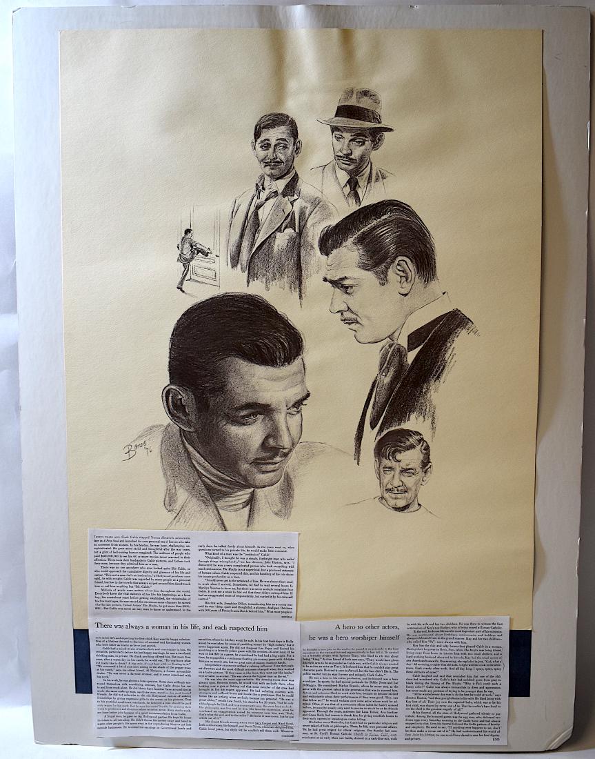 Barnes Illustration Clark Gable: Done in 1976. Signed Barnes lower left and dated. Articles re the actor attached in such a way that their removal will not harm or alter the illustration. " A hero to other actors, he was a her worshi