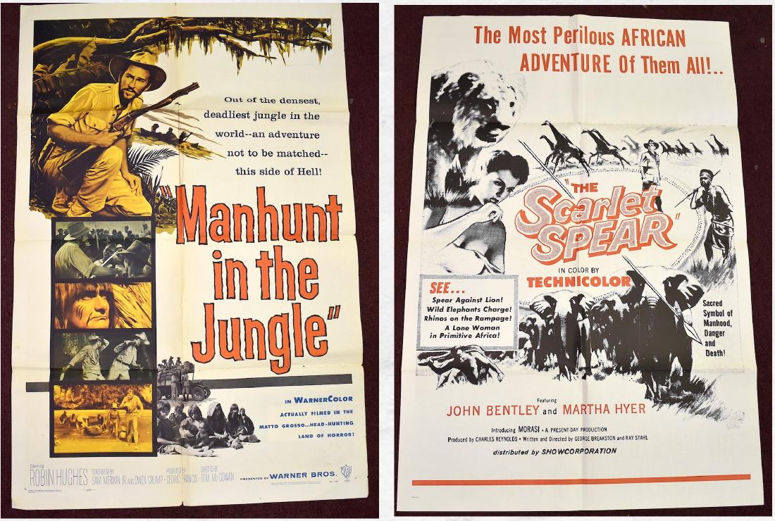 Movie Posters. Jungle Themed. 1950's (2): Manhunt in the Jungle, one sheet movie poster, 1958, Warner Bros. together with The Scarlet Spear with John Bentley and Martha Hyer, 1954 (in near mint condition), also a one sheet. Two posters includ