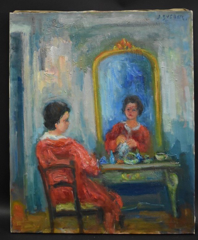 Jacques Zucker; 20thC. Polish Oil The Boudoir Signed: Oil on canvas. The Boudoir. Signed u.r.; 25.5in. X 21.25in. Accompanied by Jacques Zucker illustrated book - Editions Paul Petrides