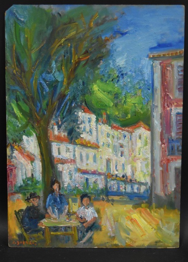 Jacques Zucker; 20thC. Polish Oil Cafe in Paris Signed: Oil on masonite Cafe in Paris. Signed l.l.Accompanied by Jacques Zucker illustrated book - Editions Paul Petridesonite.; 18in. X 13in.