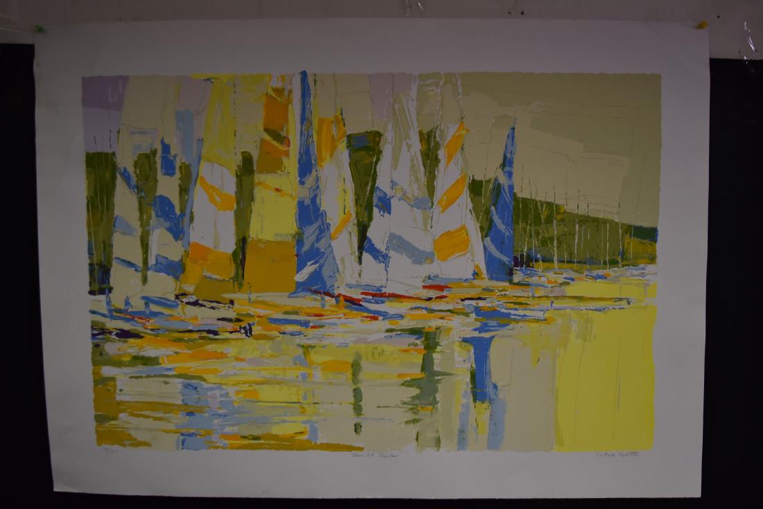 George Italo Botti; 20thC. Lithograph - Sunlit Sails: George Italo Botti(1923-2003) color lithograph. Sunlit Sails. Pencil signed and numbered 197/300. Embossed Circle Fine Arts 1979 copyright mark in l.l. margin; Image size: 24in. X 35.5in. Overall size