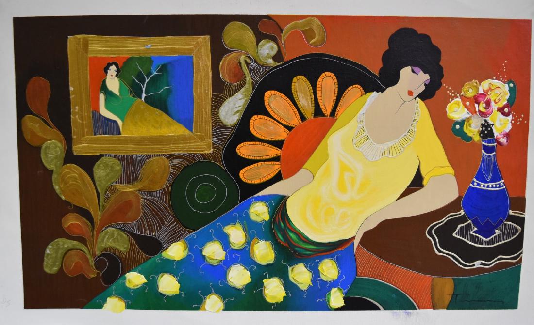 Itzchak Isaac Tarkay; 20thC. Serigraph - Parisian Café: Serigraph on canvas. Interior Scene with Woman. Signed l.r. and numbered 116/125; 15in. X 24.5in.