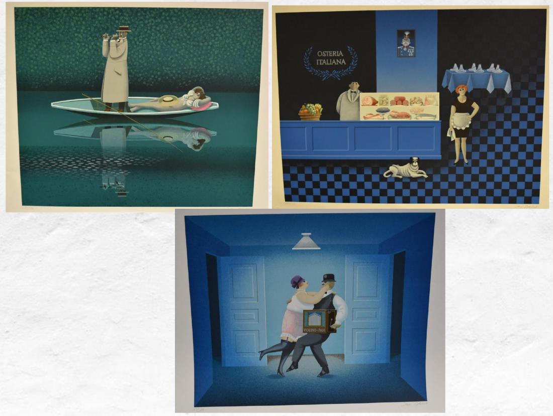 Jan Balet; Three (3) Lithographs Signed: Jan Balet(German b.1913) three(3) color lithographs. Including: Busy Busy, Osteria Italiana, Summertime Each pencil signed and numbered. Editions of 300; Overall size: 19.75in. X 24.5in., 22in. x 30in