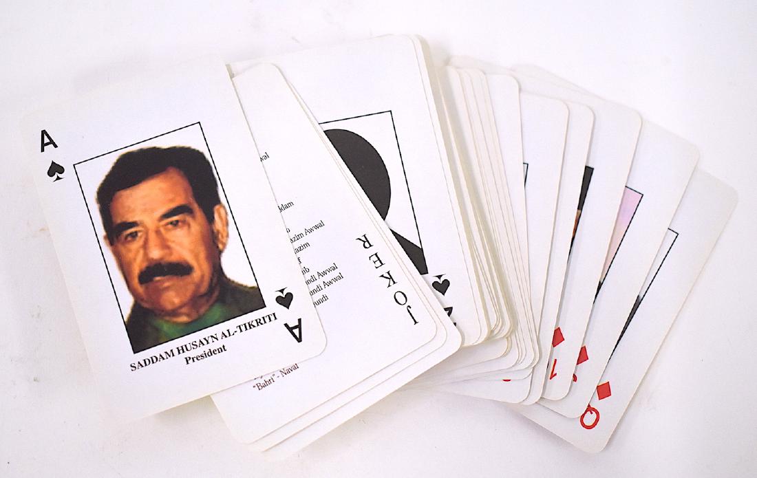 Saddam Husayn Iraq Military Cards: Saddam Hussein Iraq Military Playing Cards. Cards identify ranking military officials and show their portrait on the playing card beneath which appears their rank and responsibilities. All the ranks a