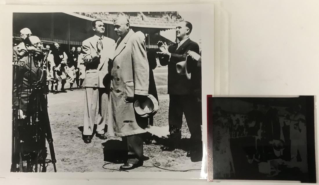 Photograph. Babe Ruth at the Stadium Old Timers Day: Mel Allen and a second unidentified gentleman with Babe Ruth at Yankee Stadium on what seems to be "Old Timer's Day" and the negative from which it was made. Ohoto 8 x 10 and negative 4" x 6"
