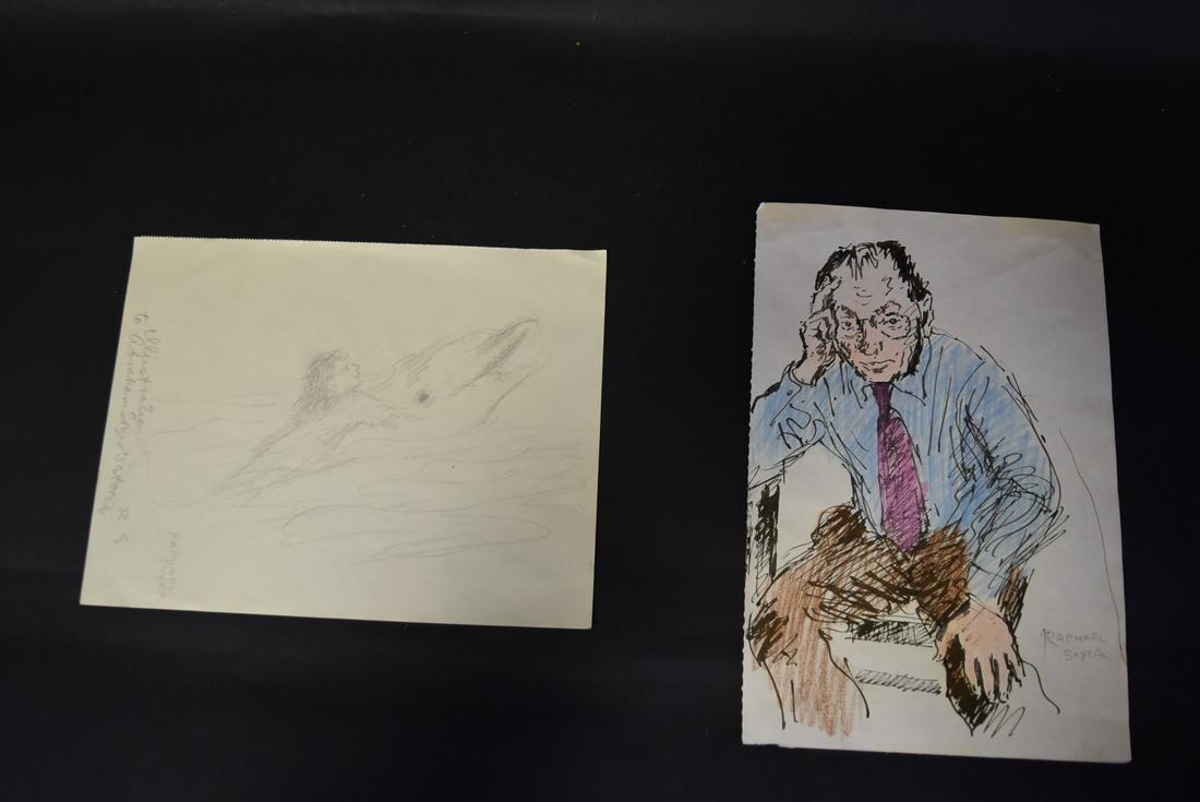 Raphael Soyer; Two(2) Original Sketches Signed: Two(2) original sketches. Pencil on paper. Nude on a Dolphin. Signed and inscribed(8.25in. X 10.5in.); mixed media on paper. Self Portrait. Signed l.r.(11.5in. X 7.75in.)