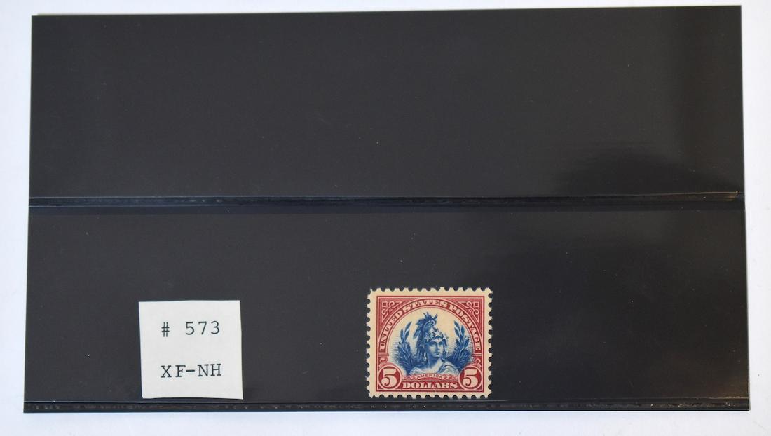 1922-1925 $5 (Five Dollar) U.S. Postage Stamp XF: Carmine and Blue.Ê Graded.Ê Marked #573 XF-NH In original protective cardboards and glassine envelope as well as paper envelope in which it was oriignally sold by a stamp dealer in NH