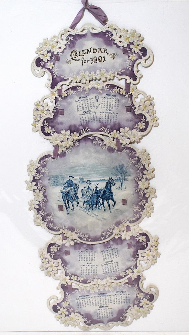 Calendar for 1901: Hanging type. Sledding scene at the middle. Complete.