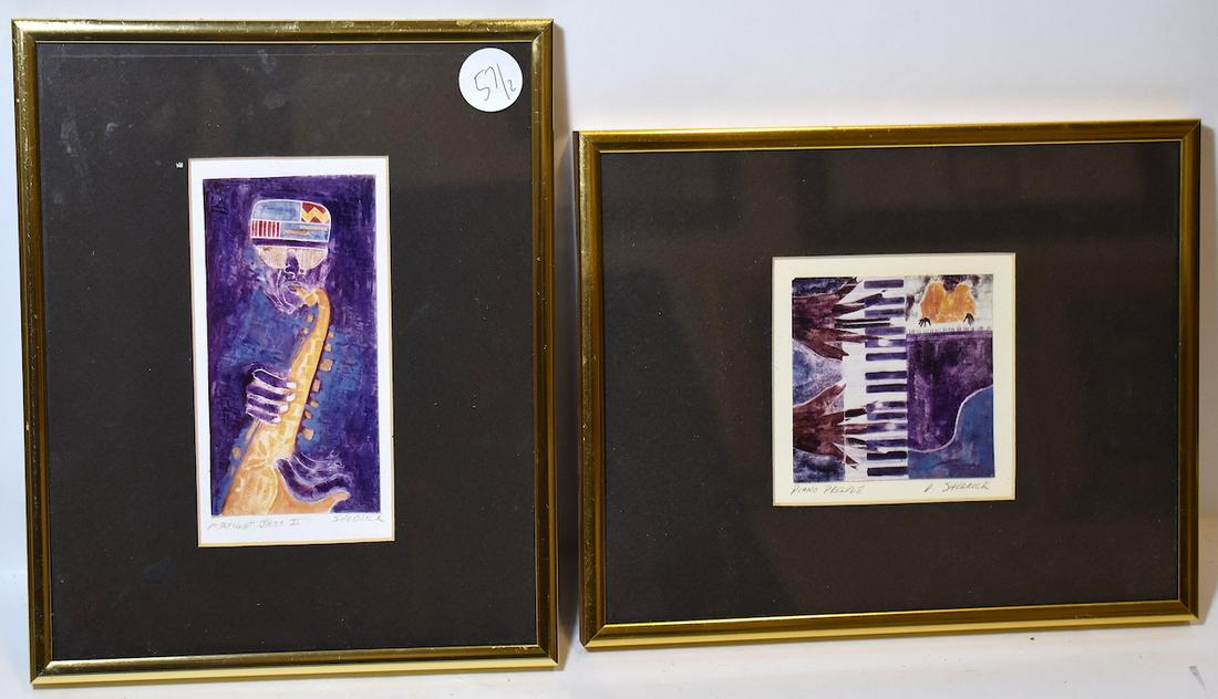Sherrick. Midnight Jazz II. & Piano Prelude (2): Gallery Matted and Framed. Signed In pencil. 5 1/2" x 3" (Midnight Jazz) , 10 x 8 (overall size) and 3 1/2" x 3 1/2" and 8" x 10"