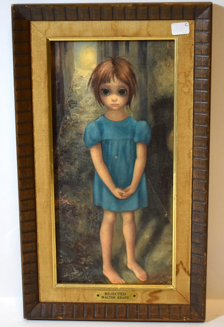 Walter Keane/ Margaret Keane "Rejected" Print: Paint applied overlay to Keane print giving oil look 12 H x 6"W Overall 15"H x 9"W