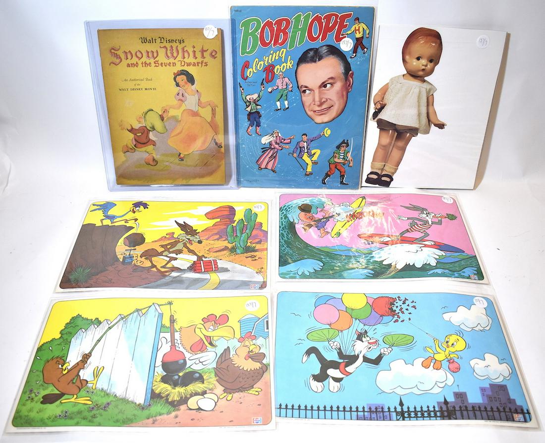 Collectible Ephemera Inc. Disney , Effanbee, Warner: Walt Disney's Snow White and The Seven Dwarfs, an authorized book of the Walt Disney movie; (soft cover); an Effanbee doll cut out; a Bob Hope Coloring Book; Pepsi Cola Warner Bros. Cartoon Placemats