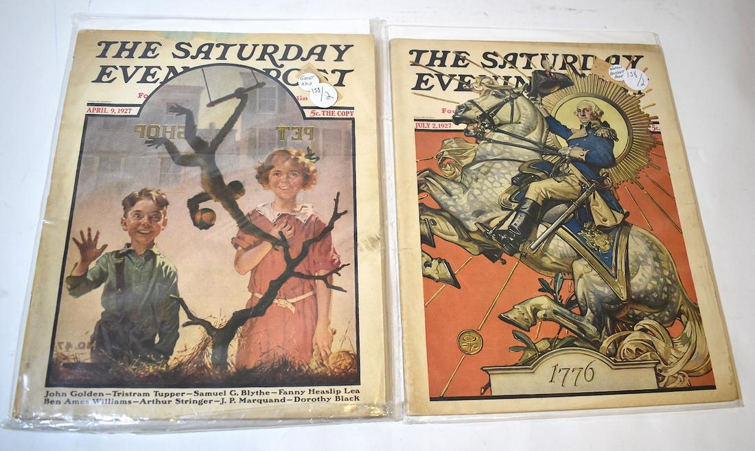 Saturday Evenening Post April & July 1927 Issues (2): Great Ads; one with a Norman Rockwell Page. Two in the lot. Good to excellent condtiion. Protecttion sleeves