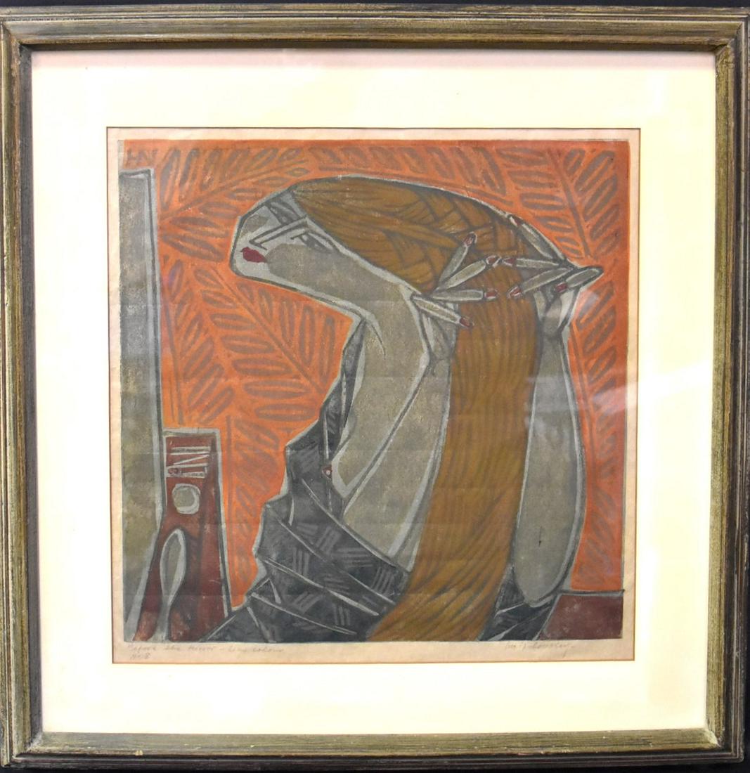 Jacques Hnizdovsky; 20thC. Woodcut - Before the Mirror.: Color Linocut. Before the Mirror. Pencil signed, titled and inscribed lino-colour No.8; 19in. X 18.5in.(image size) Jacques Hnizdovsky(1915-1985) was born in the Ukraine in 1915 and studied art in War