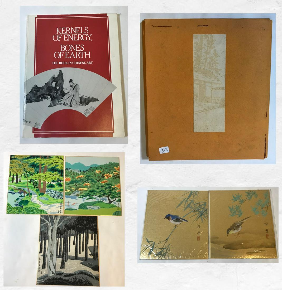 Portfolio of Japanese Prints & Chinese Art Book: Four Japanese prints. On board. Original portfolio. Included in the lot is a book of Chinese Art. Kernels & Energy Bones of Earth. The Rock in Chinese Art. John Hay Chinese Institute in America.
