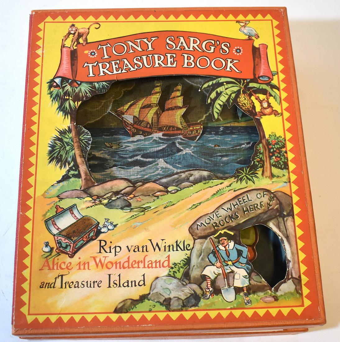 Tony Sarg's Treasure Book. Original Box.: Rip Van Winkle, Alice in Wonderland and Treasure Island. Bright Colors. Good to excellent condition . In the original box (box asd is) Will be visible in photos.