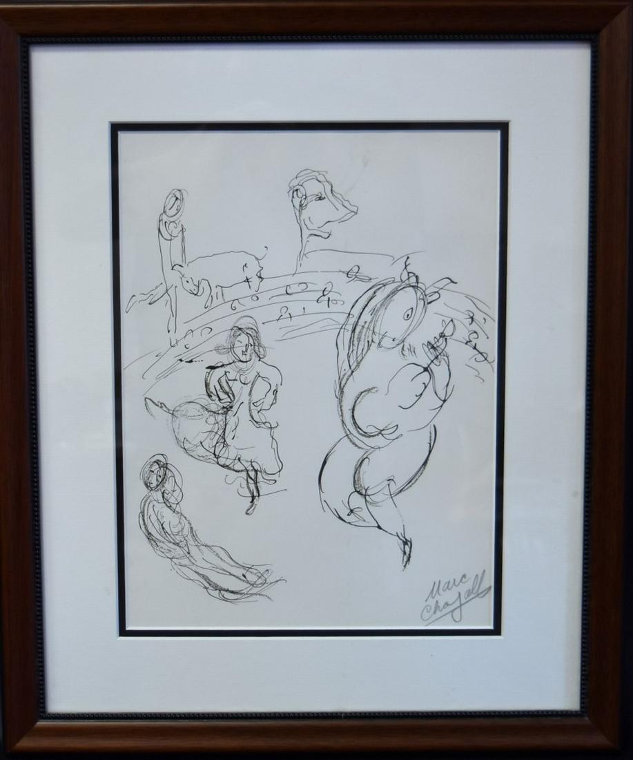 Marc Chagall Framed Lithograph Signed: Framed lithograph. The Dancing Horse. Edition: The Ceiling of the Paris Opera Book. Frederick Praeger, Publisher. Originally published in France, 1966. Pencil signed. Accompanied by COA; 12.75in. X 9.
