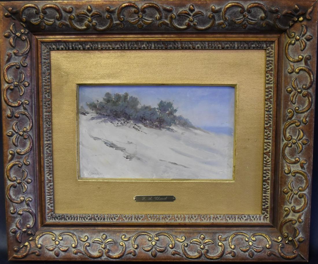 Frederick Stuart Church; 19thC. American Oil Signed: Oil on panel. Coastal Landscape(Shinnecock). Signed l.l. and inscribed NY; 5.75in. X 9.25in.