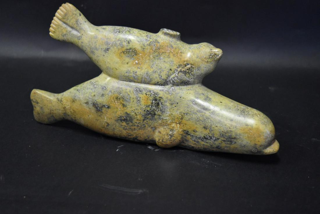 Martha Tikivik; Inuit Stone Carving - Whale and Seal: Lake Harbour, NWT Canadian Eskimo stone carving. Whale & Seal. 1980. Original export tag attached; 5in.H. x 11in.L.