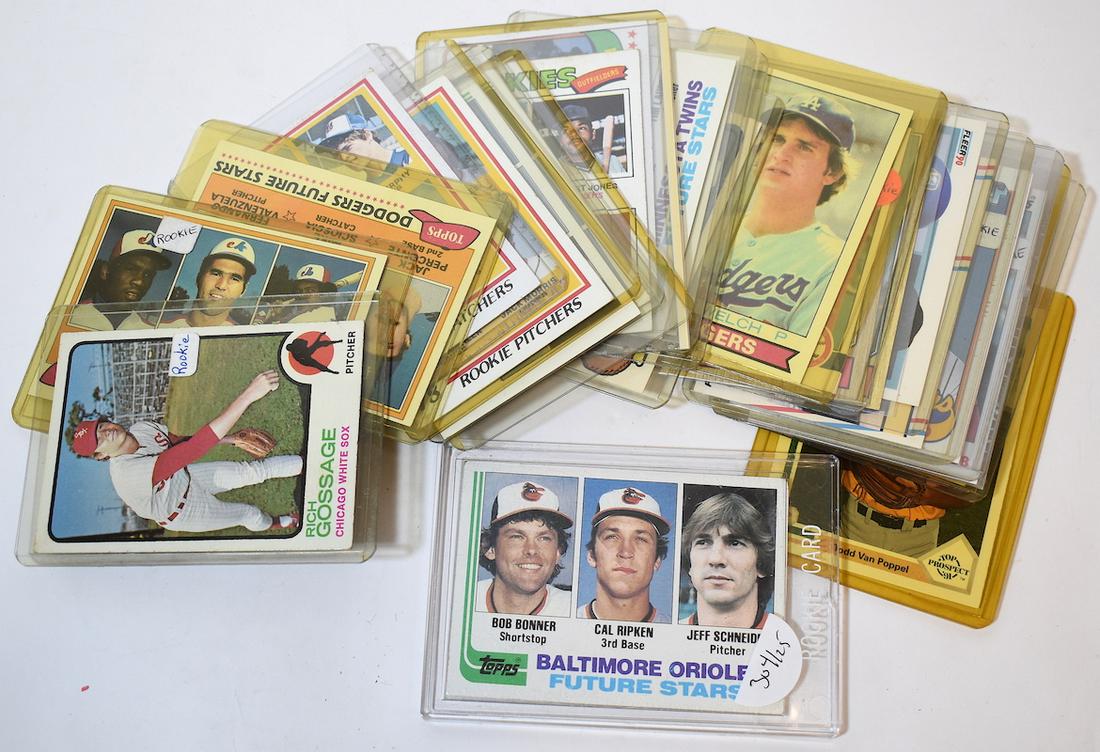 Baseball Rookie Cards 1970's to 1980's (25): Rookie cards including Cal Ripkin, Goose Gossage; Dale Murphy, Jack Morris, Steve Sax, Frank Viola (2) Tim Raines, Lee Mazelli, Jesse Orasco, Fernando Valenzuela Twenty Five in the lot.