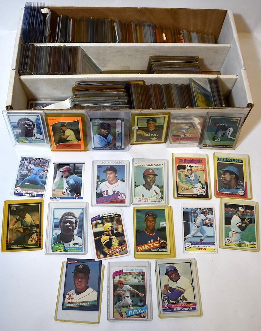 Baseball Cards. 1974 thru 1980. Approx. 800: Lots of rookie cards, hall of famers inc. Hank Aaron; Johnny Bench, Dave Parker, Lou Brock, Wade Boggs, etc. Great for dealer or collector to sort through. Approx. 800 in the lot.