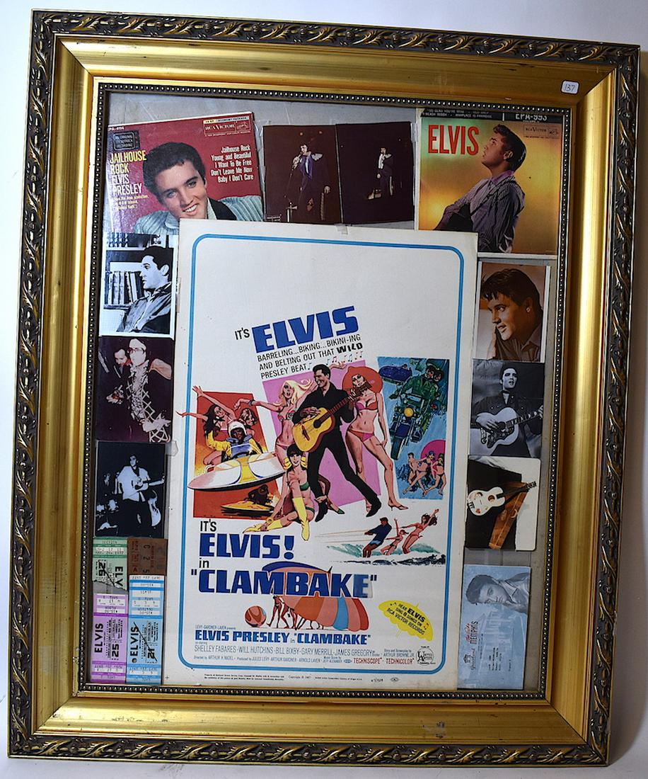 It’s Elvis in Clambake Window Card: Window Card for the Elvis film, It's Elvis in Clambake. . No pin or staple holes; Very fine condition. Brigt colors. Original first realease. Framed with album covers, unpublished fan photos; tickets.