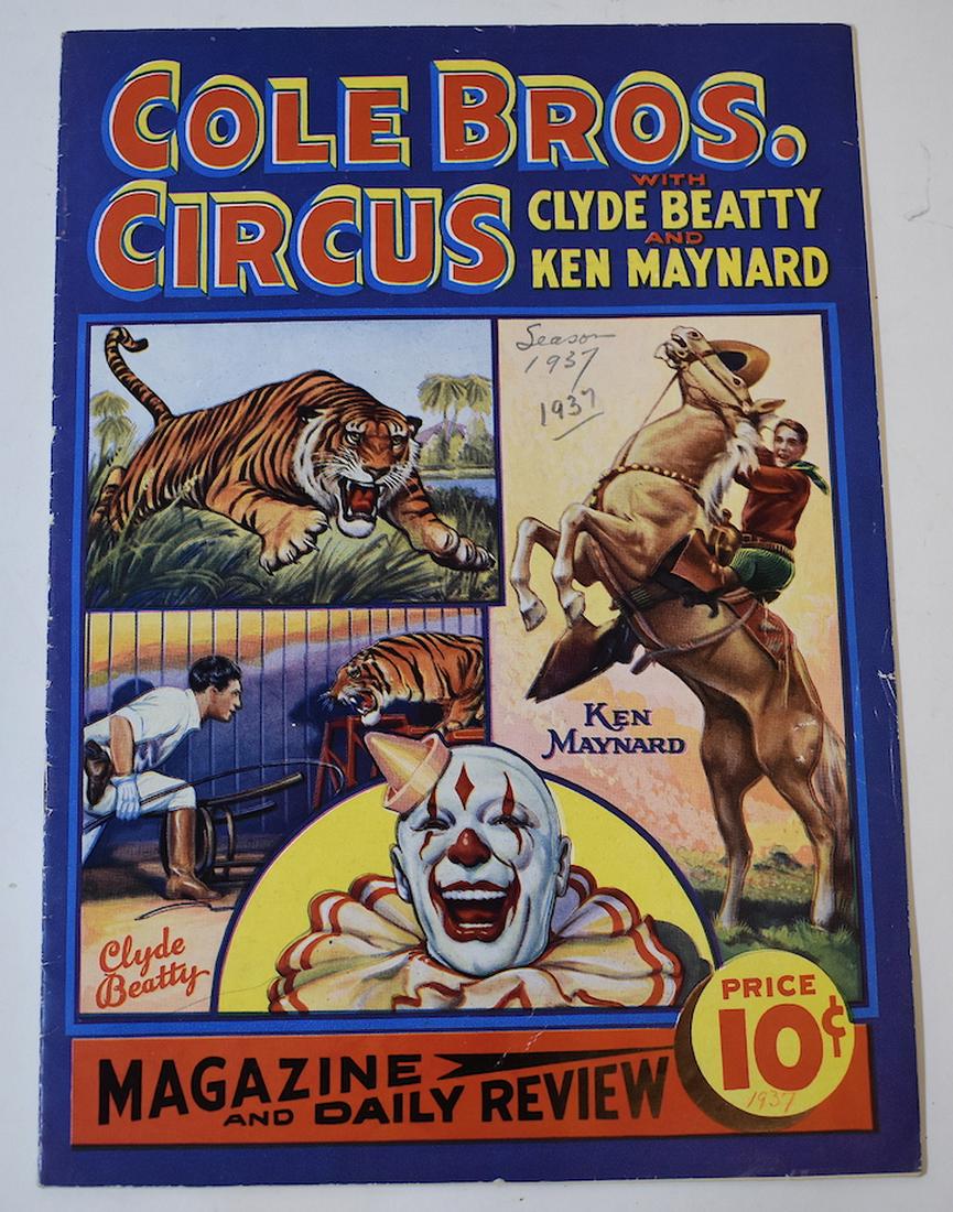 1937 Cole Bros. Circus Magazine and Daily Review: With Clyde Beatty and Ken Maynard. Chesterfield Advertisement on the reverse. Excellent condition.