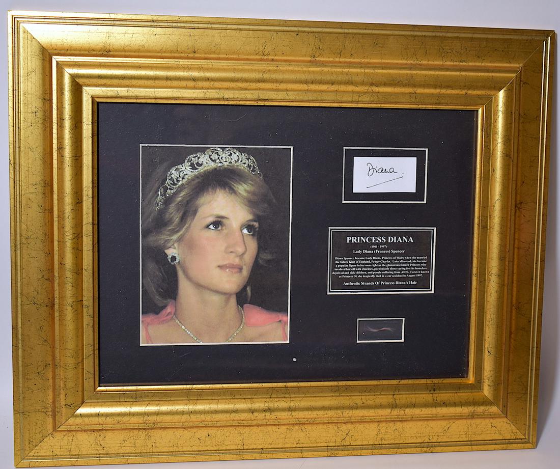 Princess Diana Hair Lock with Photograph: With Certificate of Authenticity. Framed with a Diana photograph and a facsimile of her authograph. 18" x 22"W.