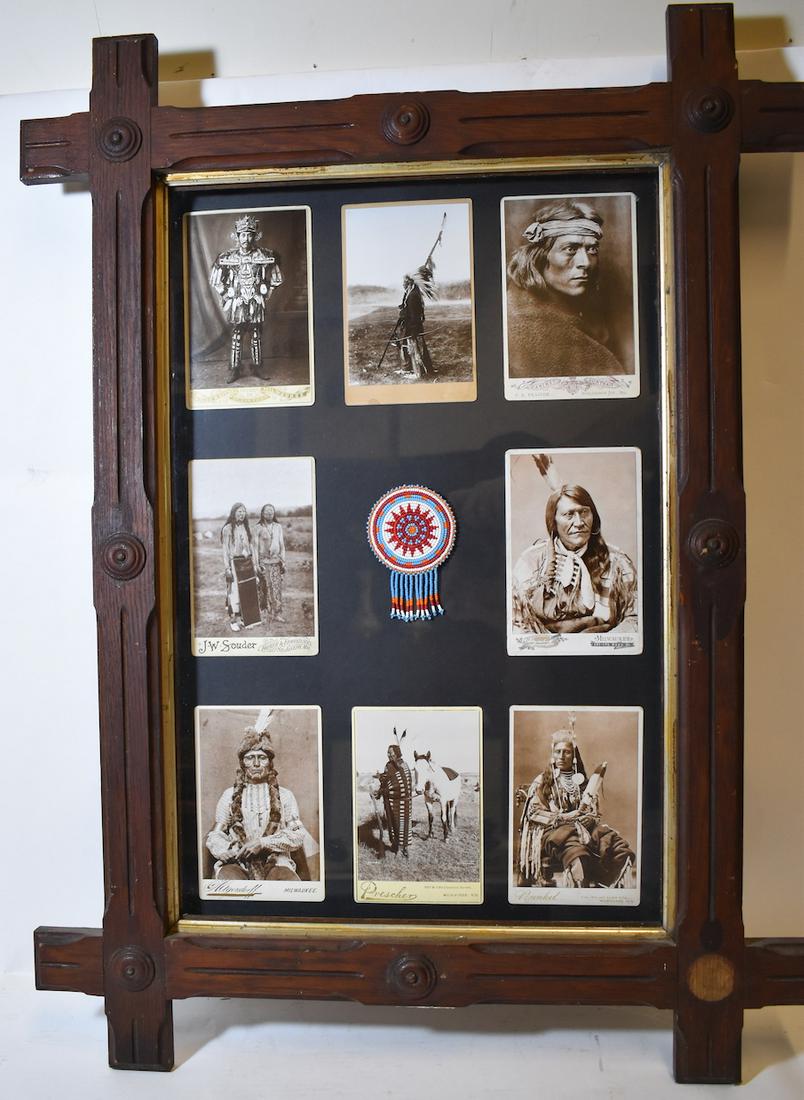 Indian Collage of Cabinet Cards. Beadwork Etc,: Assembled collage of cabinet cards of Indians and Western scenes framed with beadwork in a Currier and Ives like American frame. 33 H x 25